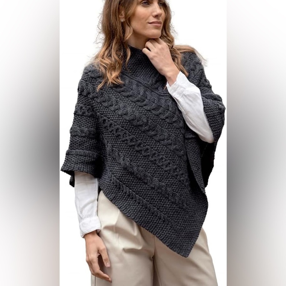 Aran Crafts Ireland Merino Wool Cable Knit Poncho Sweater Charcoal Grey S/M